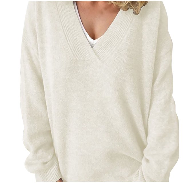 Timegard Womens Sweaters V Neck Long Sleeve Pullover Solid Color Oversized Tops Loose Comfy Blouses