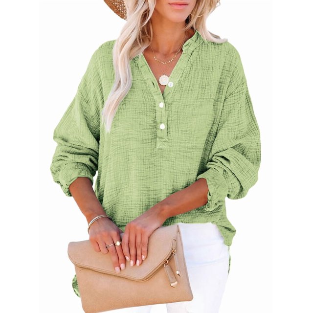 Womens Casual Button V Neck Long Sleeve Shirts Oversized Solid Blouses Tops Light Green XXXL