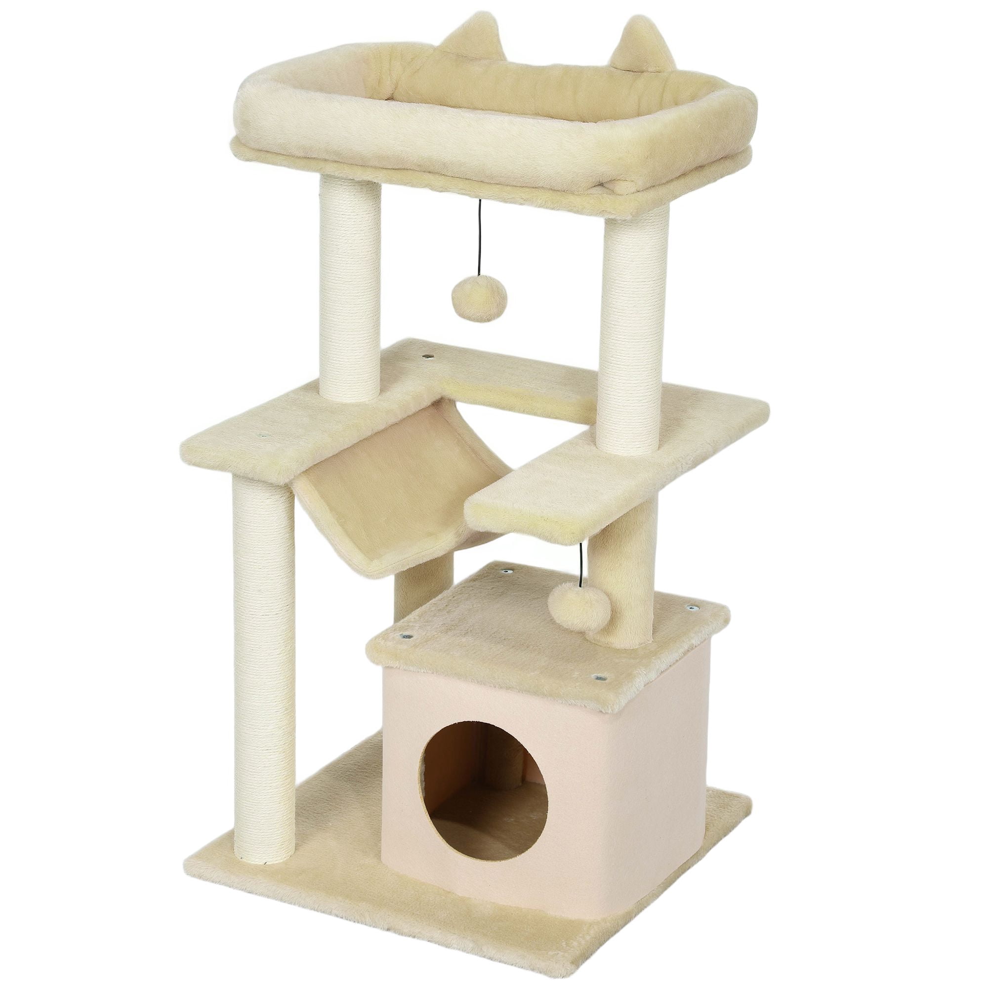 Beige Multi-Level Cat Tree Tower with Condo, Hammock & Scratching Post - 35.5" Activity Center for Indoor Kittens & Small Cats