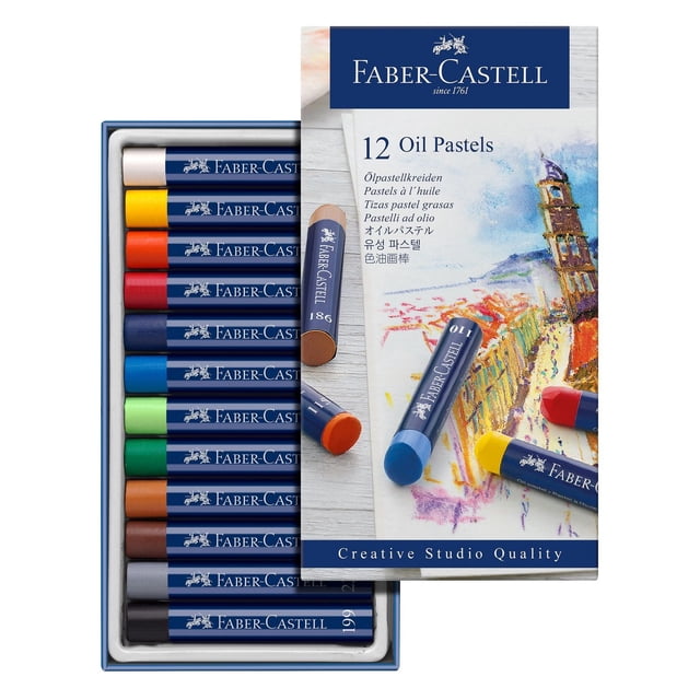 Faber-Castell Ensemble de 12 Pastels à l'Huile dans une Boîte Bleue avec des Craies de Cire pastel à l'Huile en Blanc, Jaune cadmium, orange cadmium Foncé, Carmin Rose, helioblue Rougeâtre, Bleu Phtalo, Vert Phtalo, Vert Pâle, Terre Cuite, Brun van Dyck, Gris Froid IV et Noir, Exposés avec un Livret Affichant des Oeuvres pastel, Convenant aux Fournitures de Dessin et aux Matériaux d'Art.
