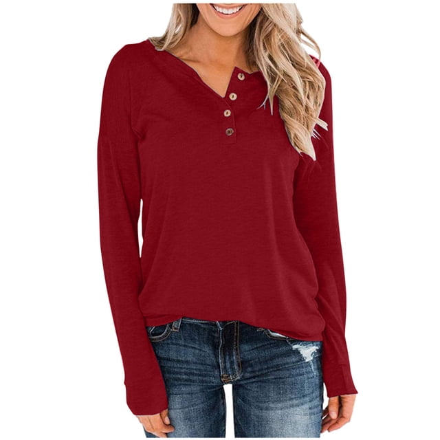 Timegard Womens Tops Long Sleeve Notched V-Neck Button Comfy Tee Fall Casual Loose Shirts Tops Blouse