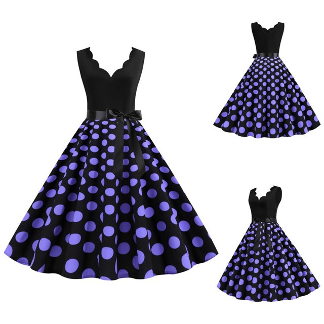 Kcodviy Robe Vintage d'Été à Pois pour Femme Grande Taille, Belles Robes Imprimées Sans Manches, Robe de Soirée Décontractée pour Femme, Robe de Bal