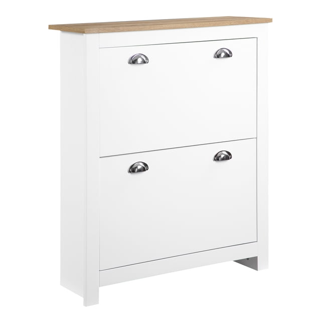 HOMCOM Armoire à Chaussures de Couloir avec 2 Tiroirs Basculants pour 12 Paires de Chaussures, Vue Blanche Centrée Orientée vers l'Avant d'Un Meuble d'Entrée Étroit en MDF avec Deux Tiroirs Basculants, Tablettes Réglables à 2 Niveaux par Tiroir, Comptoir pour la Déco, Conception Anti-Basculement; Peut Contenir jusqu'à 12 Paires (Pointure CA Homme 11,5) et Convient Aussi au Rangement du Courrier Ou de Petits Accessoires.