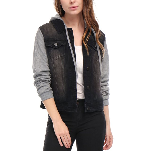 INSPIRE CHIC Women's Washed Denim Jacket Contrast Sleeve Drawstring Hood Button Down Outerwear XS Black