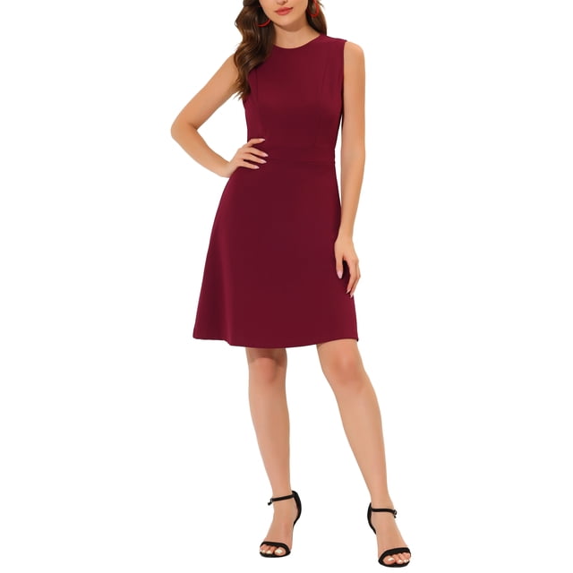 INSPIRE CHIC Robe Midi Évasée Sans Manches de Rentrée pour Femme Tenue d'Enseignante pour le Travail Couleur Unie Bourgogne TG
