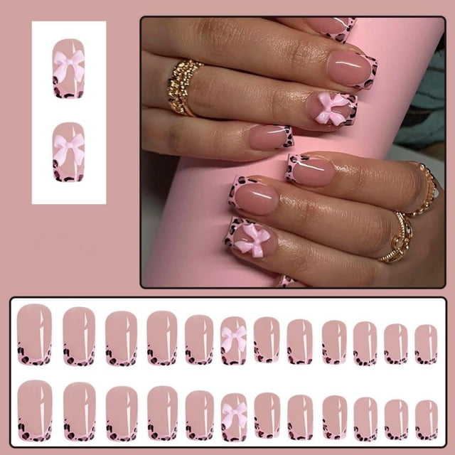 Short Glossy Leopard Print Bow Nails 24 Piece Removable Wearable Nail Set