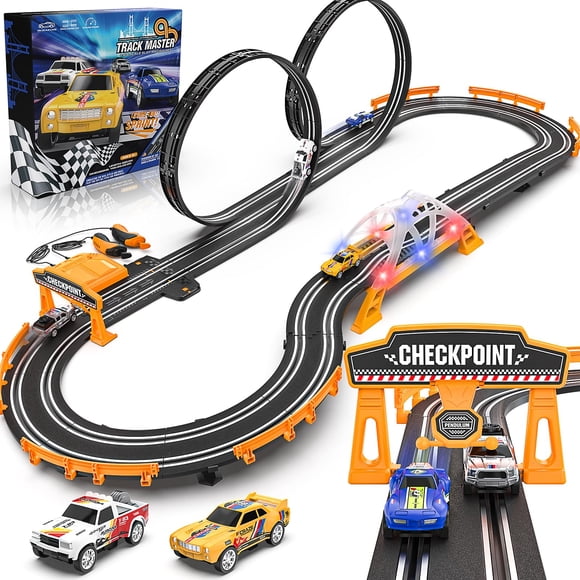 Slot Car Race Track Sets for Boys Race Car Track with 4 High-Speed Slot Cars Battery or Electric Car Track Dual Racing Game Lap Counter Track Sets Toys Gifts for Boys Girls Ages 4 5 6 7 8-12