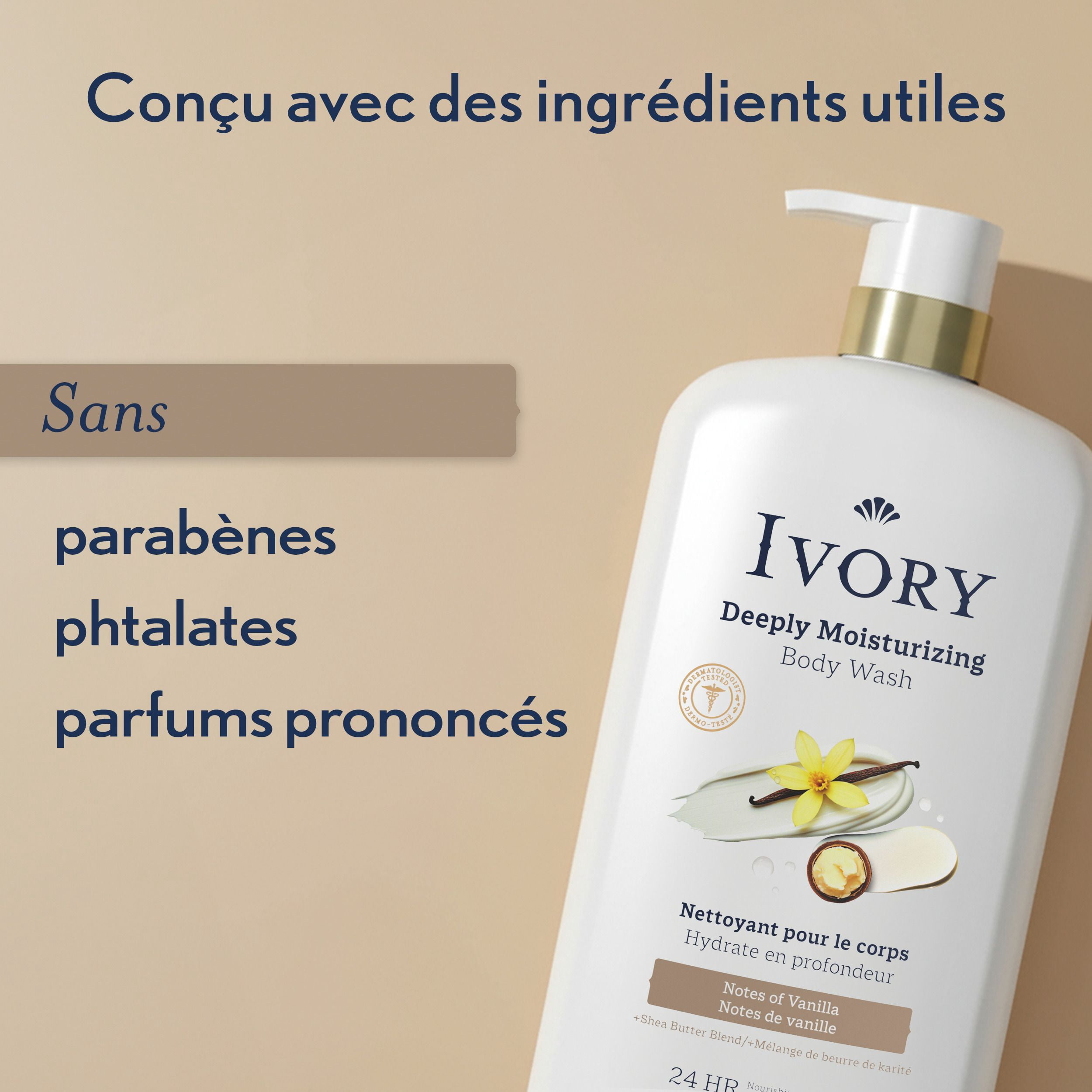 Nettoyant pour le corps Ivory Hydrate en profondeur, hydratation nourrissante pendant 24 h, apaise la peau sèche qui démange, fait d’un mélange de beurre de karité, parfum Notes de vanille, 798 mL