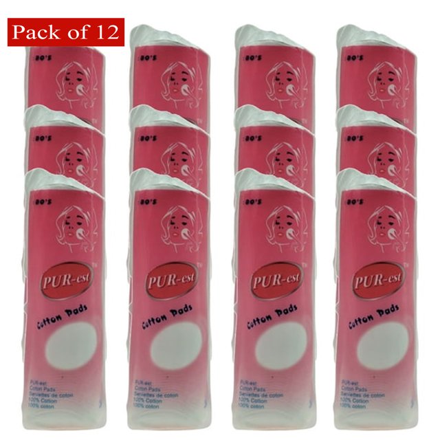 Purest Cotton Pads Round in Poly Bag, 80 Pads - Pack of 12. The image displays 12 packs of 80 round cotton pads each, encased in pink poly bags with a white circular design and Purest branding. Made from 100% pure cotton, these pads are perfect for makeup removal, applying lotions, and gentle cleansing. A total of 960 pads, ideal for households or salons.