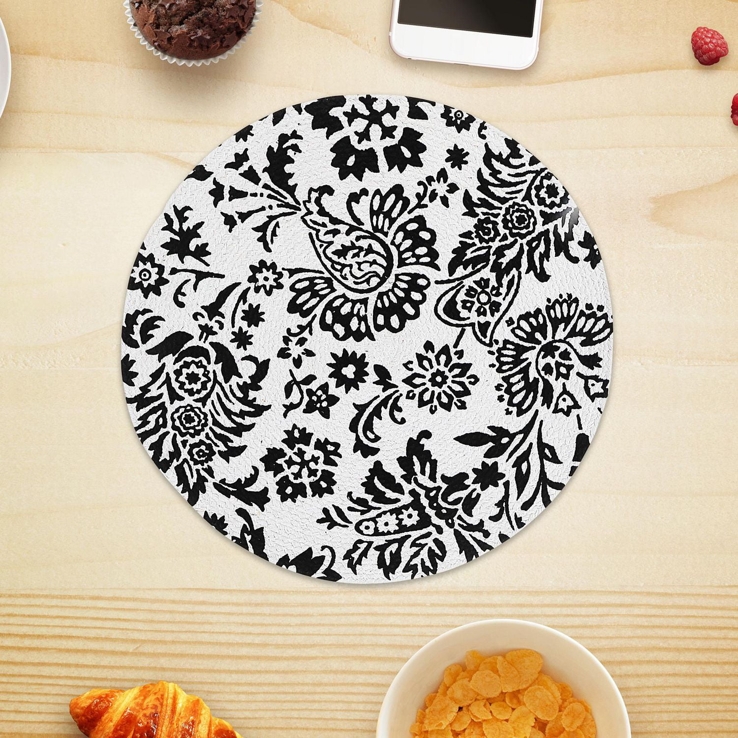 IH Casa Decor Imprimé Round Cotton Corde Placemat Black Baroque - Ensemble De 12