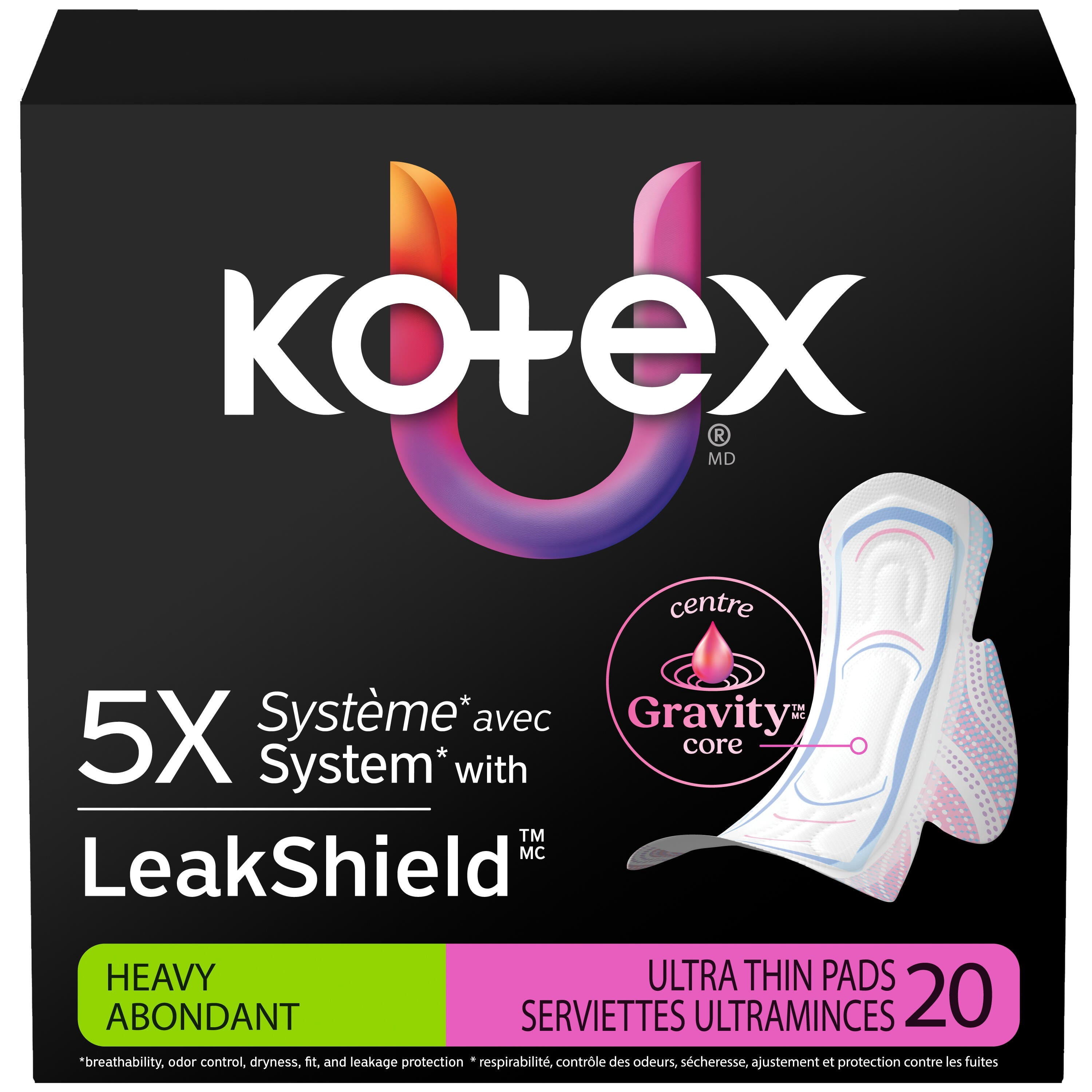 Serviettes ultraminces Kotex avec ailes, absorption élevée, 20 unités