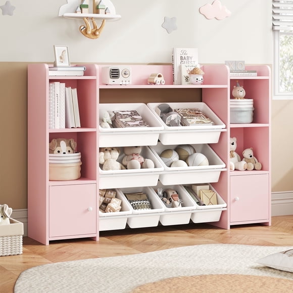 Homfa Bibliothèque de Rangement pour Jouets pour Enfants, avec 8 Bacs, Étagère de Rangement à 2 Portes pour l'Organisation de la Salle de Jeux des Enfants, Rose