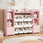 Homfa Kids Toy Storage Organizer Bookcase with 8 Bins, Storage Organizer Bookshelf with 2 Door for Children Playroom Organization, Pink