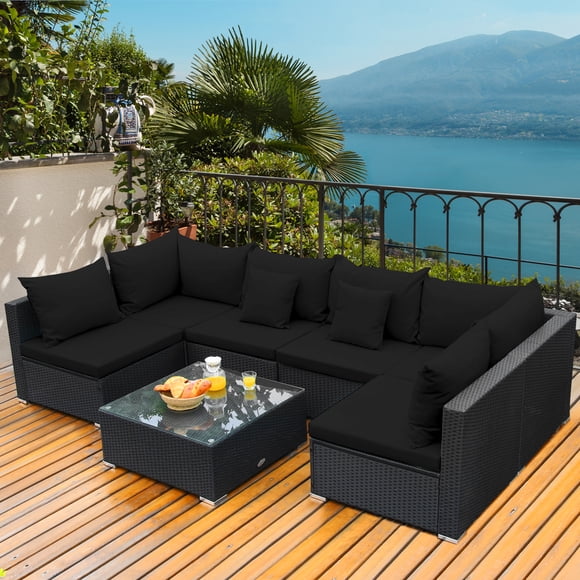 Gymax 7PCS Rattan Patio Conversation Set Sectional Furniture Set w/ Black Cushion