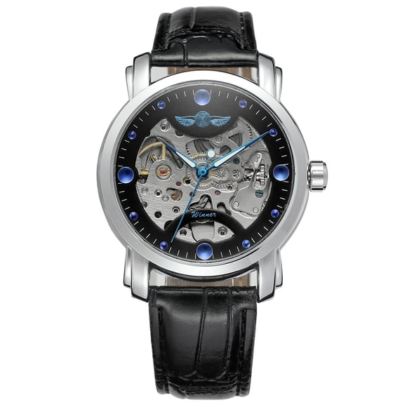 WINNER Winner 005 Men's Business Mechanical Watch with 3ATM Water Resistance, Stainless Steel/Leather Strap, and Original Box - Black/Blue Leather Band