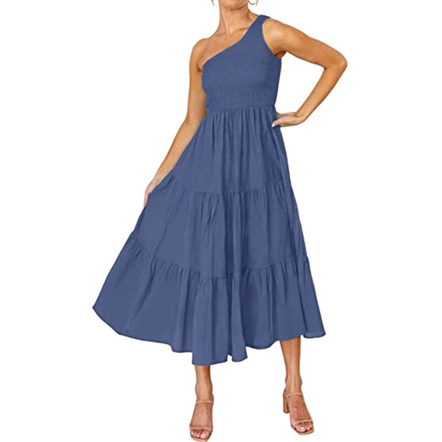 B91xZ Robe Fleurie pour Femmes Sans Manches Décontractée Ample Évasée à Boutons Robe Midi avec Poches en Bleu, Taille Petite. Cette Robe d'Été Présente un design Sans Manches, une Longueur Midi à Étages et une Taille Élastique pour un Ajustement Confortable. Idéale pour une Tenue Décontractée, des Vacances, des Fêtes Ou des Rassemblements en Plein Air.