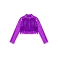 thumbnail image 3 of RUNQHUI Enfants Filles Col Roulé Métallique Danse Crop Top Paillettes Manches Longues pour Danse Raves Festivals Sports Violet 6, 3 of 5