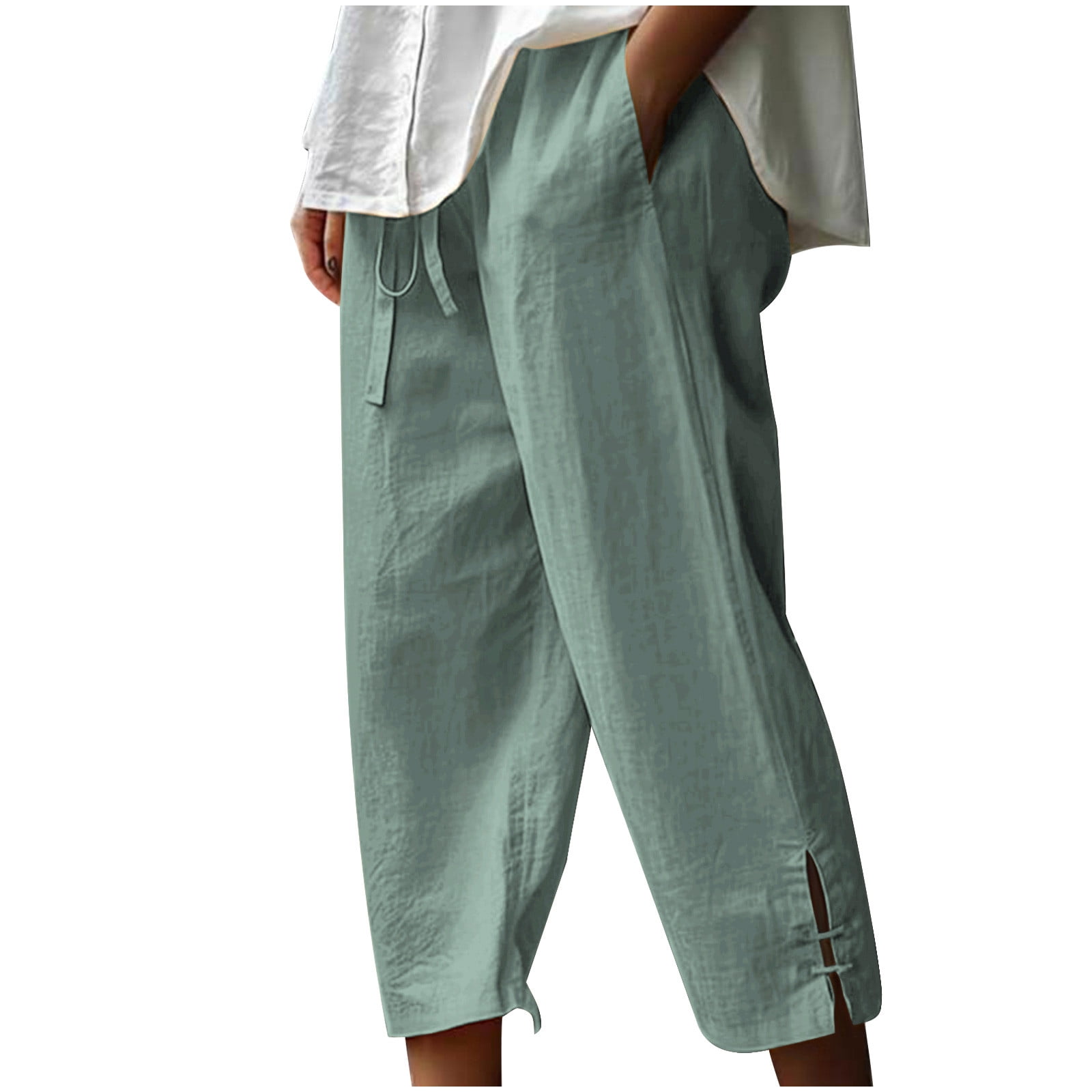 Timegard Womens Cotton Linen Pants Elastic Waisted Drawstring Capri Pants Casual Loose Trousers with Pockets