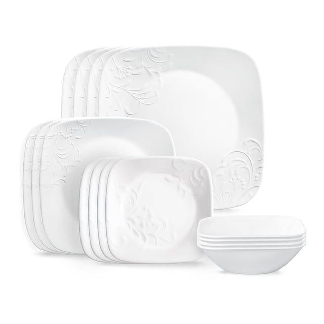Corelle Cherish Ensemble de Vaisselle en Verre Carré Gaufré de 16 Pcs Comprenant 4 Assiettes à Souper, 4 Assiettes à Salade, 4 Bols à dessert et 4 Bols à Soupe/céréales Blancs avec Gaufrage floral. Fabriqué en Verre Vitrelle durable et Léger, Sécuritaire pour le Lave-Vaisselle, le Micro-Ondes, le Congélateur et le Four, Conçu pour un Rangement Gain de Place et les Repas de Tous les Jours.