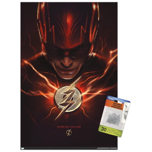 DC Comics Movie The Flash - The Flash One Sheet Wall Poster, 22.375" x 34", depicting a centered close-up of The Flash's red suit with a metallic gold lightning bolt emblem glowing with orange energy on a dark background, featuring the text 'Worlds Collide' below, and including a pack of 30 clear pushpins for easy, damage-free hanging.