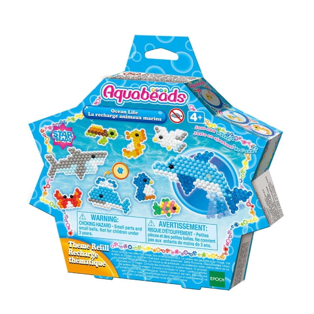 Aquabeads Arts & Crafts Ocean Life Theme Refill with Beads and Templates in star-shaped packaging showing colorful bead designs of ocean animals including dolphin, shark, seahorse, crab, and fish, with over 600 solid, jewel, and star beads in 16 colours, suitable for kids craft kits and arts and crafts for kids ages 4 and up.