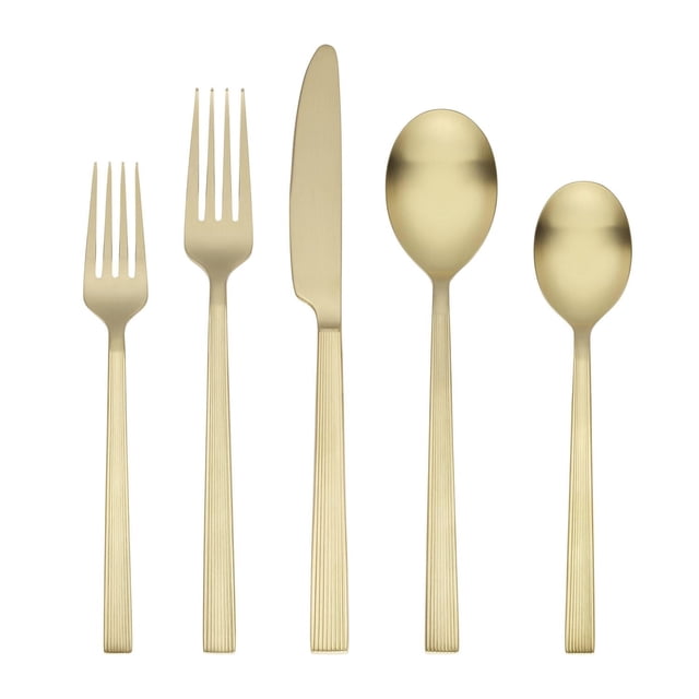 BHG River Gold Satin 20pc Flatware Set with salad fork, dinner fork, dinner knife, dinner spoon, and teaspoon in brushed gold stainless steel featuring ribbed handles and ergonomic design, suitable for everyday dining and special occasions.
