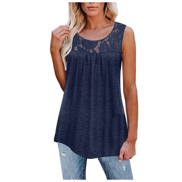 Timegard Camisole pour Femme Grande Taille Col Rond Dentelle Sans Manches Froncée Hauts Décontractés Confortables T-Shirts d'Été