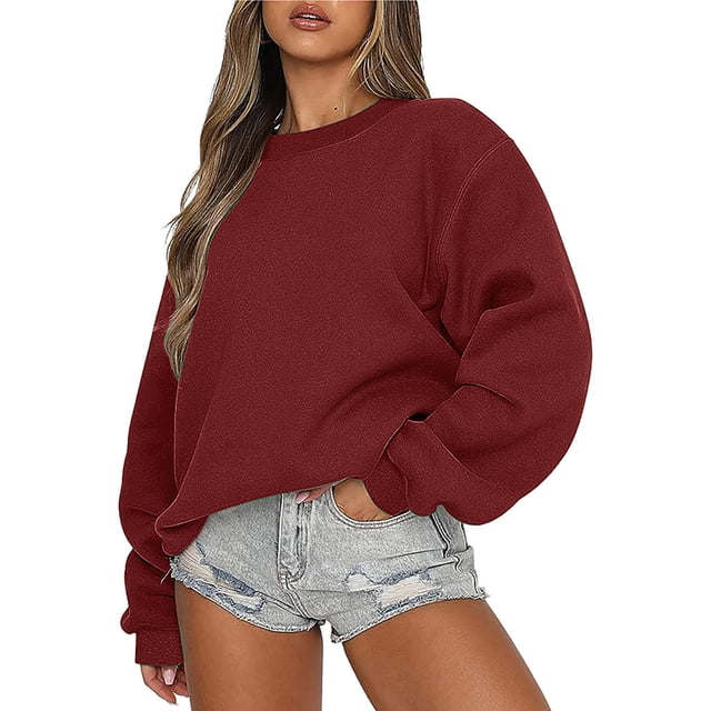 Mefallenssiah Mode Femmes Décontracté Manches Longues Col Rond Chandail Ample pour Dames Hauts Blouse Bourgogne TTG
