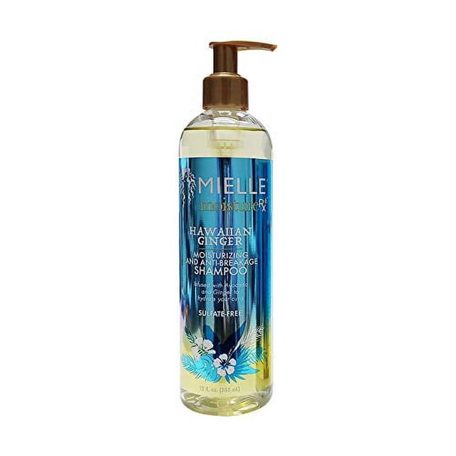 Mielle Organics Moisture RX Hawaiian Ginger Moisturizing and Anti-Breakage Shampoo 12 fl oz front-facing bottle with flip-top cap labeled infused with avocado and ginger; moisturizes dry, damaged hair and supports curl hydration; 12 fl oz size, studio white background; often used as a pre-wash hydrating step for textured hair.