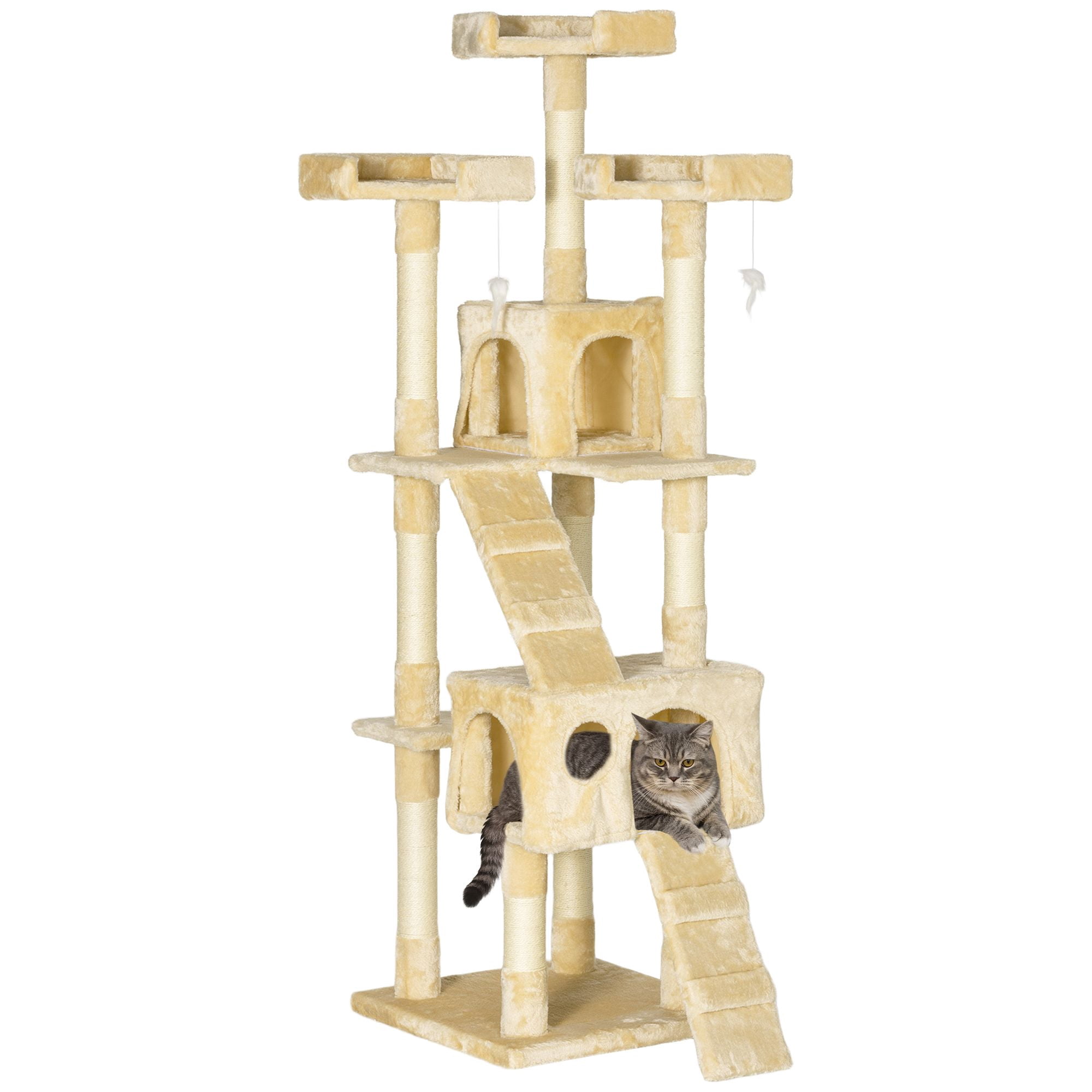 68" Multi-Level Cat Tree Condo Tower with Sisal Scratching Post & Toys - Beige Kitty Activity Center for Living Room & Bedroom - Sturdy Pet Furniture