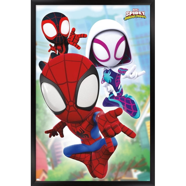 Marvel Spidey and His Amazing Friends - Affiche Murale en Toile Mettant en Vedette Trois Personnages Animés de Spider-Man dans des poses Dynamiques de Prise de Vue en Toile contre un Paysage Urbain Flou, Imprimée sur Papier d'Art photo Brillant, Parfaite pour des Oeuvres Murales Vibrantes et la Déco de Pièce dans les Chambres, les Salles de Jeux Ou les Bureaux.