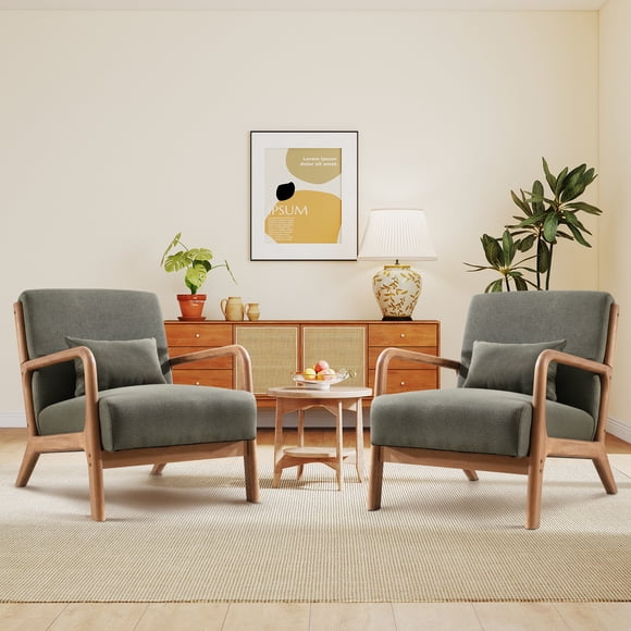 Bonzy Home Accent Chair Set of 2, Mid Century Modern Armchair with Wood Frame & Waist for Living Room, Bedroom, Reading (Green)