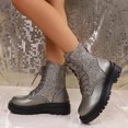 thumbnail image 2 of Pandaie Rhinestone Combat Boots Women Military Motorcycle Riding Booties Platform Lace up Chunky Heel Ankle Boots Grey 9.5, 2 of 8