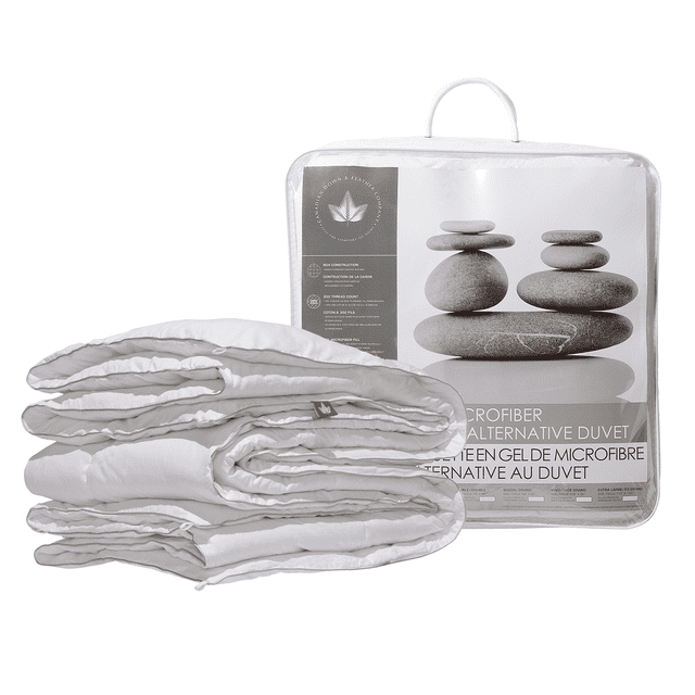 Gel Microfiber Down Alternative Comforter - All Season - Full Size displayed with its packaging. The comforter is white with box stitching to prevent shifting and features corner loops for secure anchoring. Made with 300 thread count cotton and filled with hypoallergenic microfiber, it offers down-like softness and breathability. Suitable for use as part of a comforter set, the packaging highlights OEKO-TEX certification and easy care instructions.