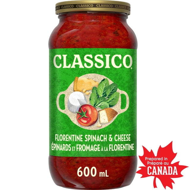 Classico Sauce pour Pâtes Florentine aux Épinards et au Fromage dans un Pot en Verre Transparent de 600 ml avec Couvercle Doré et Étiquette Verte Montrant des Épinards, des Tomates et Quatre Fromages, Préparée au Canada, Convient aux Plats d'Inspiration Italienne.