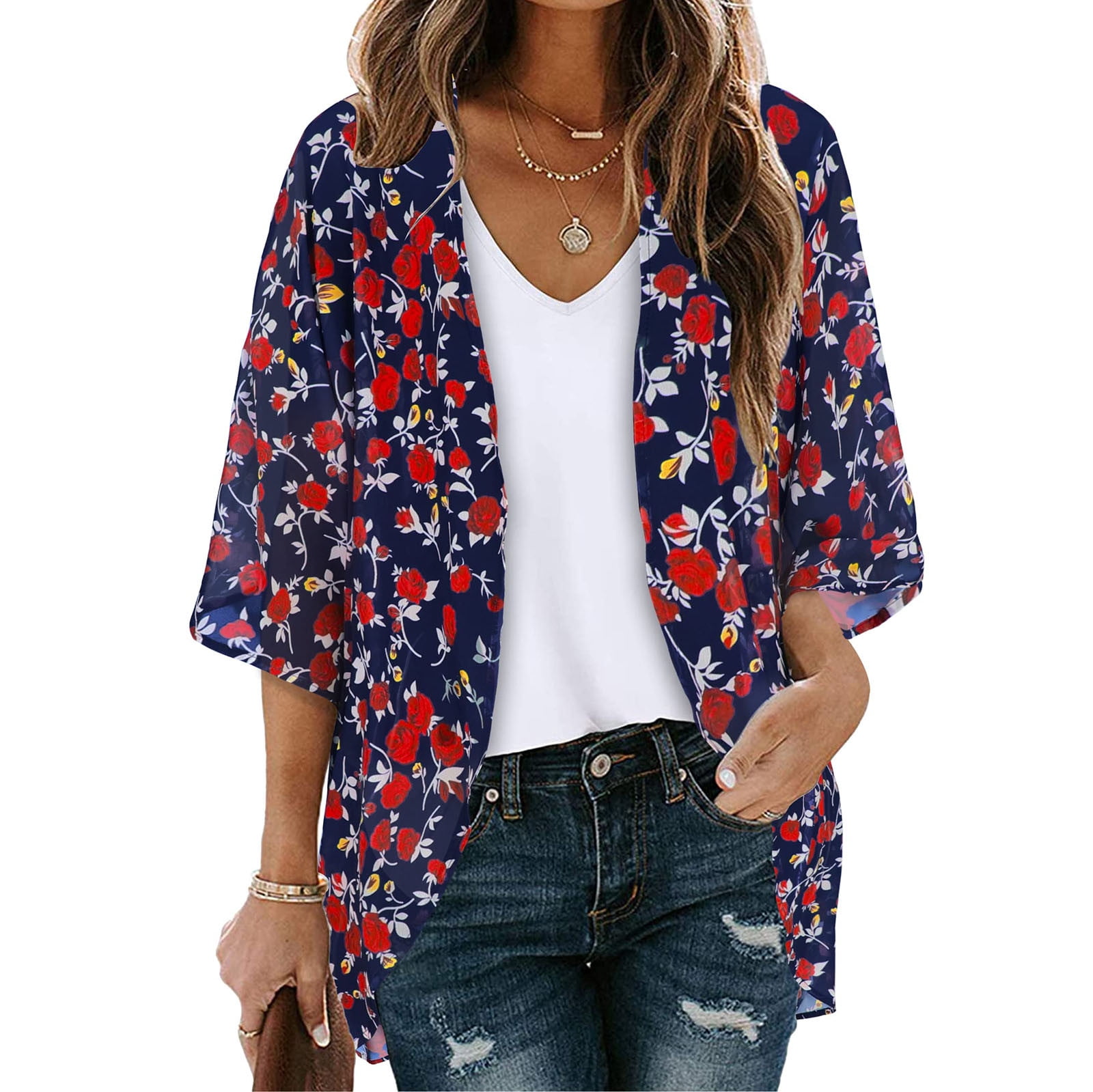 TIMIFIS Women Chiffon Printed Cardigan Kimono Robe Tops Beach Bikini Cover up Blouse-Navy-2-XXLFall