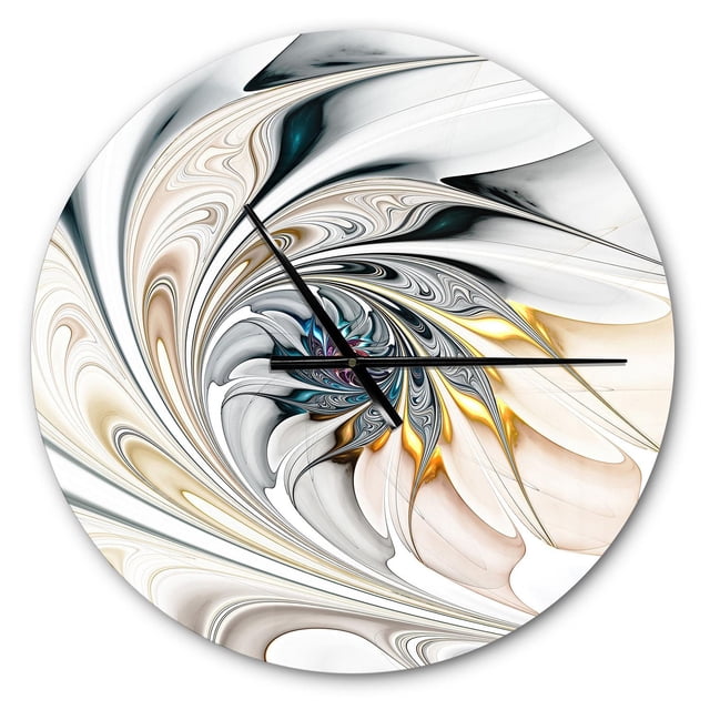 Designart 'White Stained Glass Floral Art ' Modern wall clock with a round 100% solid aluminum face and ultra-gloss coating. It features an abstract swirling floral design in white, beige, gold, and black with black hands. This oversized modern clock is ready to hang with included mounting hardware and AA battery, ideal for home or office décor.