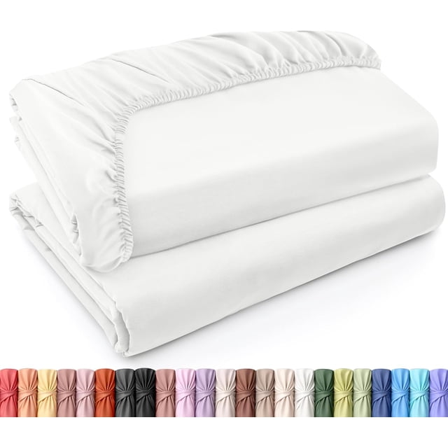 Drap-housse Grand - Lot de 2 Draps du Dessous - Microfibre Brossée Douce - Poches Profondes, Résistant au Rétrécissement et à la Décoloration - Entretien Facile (Grand, Blanc)