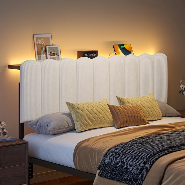 Pinmoco Tête de Lit Complète avec Tablette de Rangement, Lumière DEL et Station de Recharge, Tête de Lit Moderne Rembourrée, Velours à Rayures Beige, Tête de Lit Seulement