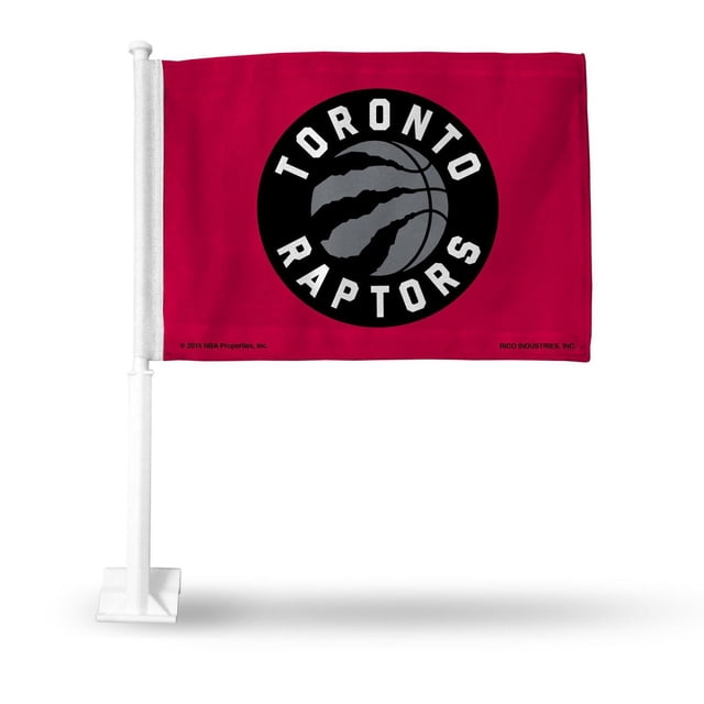NBA Toronto Raptors Car Flag 11.25″ x 15.5” featuring a red polyester flag with a black circular logo showing a gray basketball with claw marks and white 'Toronto Raptors' text. It includes a 19-inch white plastic pole for easy attachment to vehicle windows, printed double-sided with weather and UV-resistant fabric, suitable for outdoor use.