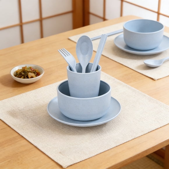 Todaioua Wheat Straw Dinnerware Set Dishes Plates Bowls Cups Cutlery Portable Eco Friendly BPA Free Biodegradable Kitchenware for Camping Travel Picnic Office Home Dorms Dishwasher Safe Gift Set