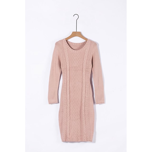 POGLIP Robe Chandail Tricotée Moulante Chaude à Col Rond pour Femme, Rose, d'Hiver, à Manches Longues, Couleur Unie. Fabriquée en Tissu Lainé avec un Motif en Grosse Maille, Coupe Longueur Genou et design à Enfiler. Convient aux occasions d'Automne et d'Hiver comme les Sorties Décontractées, le Travail, les Fêtes Ou le Port Quotidien.