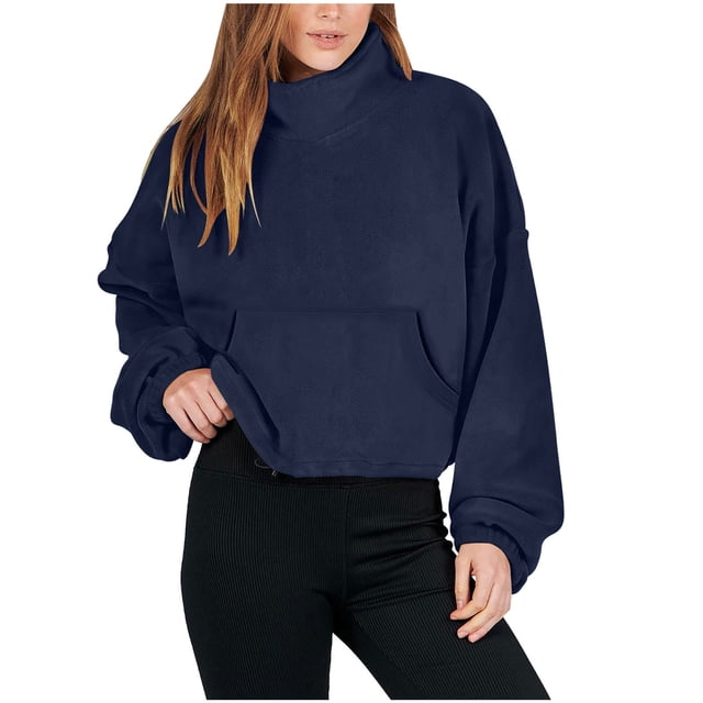 AherBiu Chandails en Molleton Sherpa pour Femmes à Col Roulé, Chandail à Cordon, Court, d'Hiver, à Manches Longues