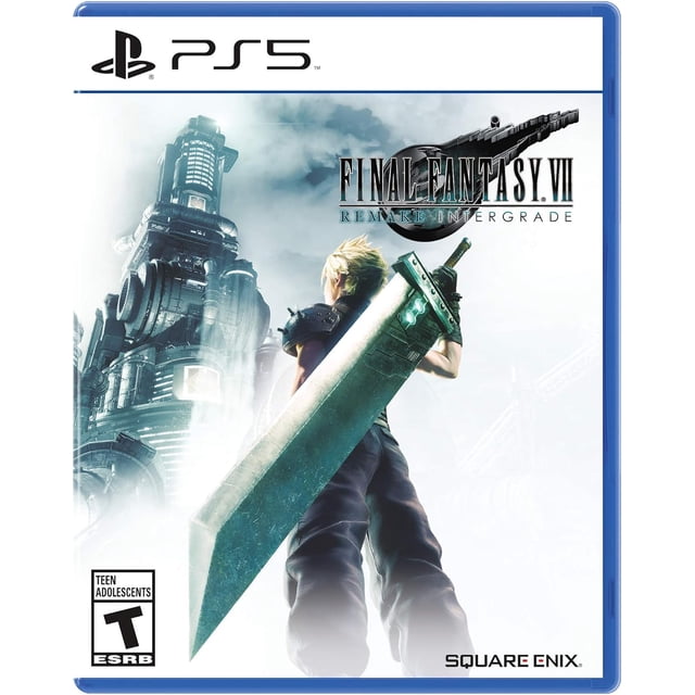 FINAL FANTASY VII REMAKE INTERGRADE PlayStation 5, Pochette Mettant en Vedette Cloud Strife Tenant une Grande Épée Buster, Debout devant une structure Industrielle Imposante dans un Décor Brumeux, avec le logo du Jeu et la Marque Square Enix visible.