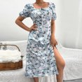 thumbnail image 4 of Jusqu'à 65 % de Rabais! Robes d'Été Mode pour Femmes 2024 Grande Taille Décontractées Aguichant à Encolure Carrée à Manches Bouffantes Robe Fendue à Fleurs pour Style Vacances Robe à Manches Courtes à Encolure en V, 4 of 6