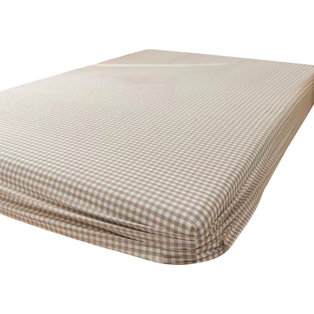 Maplenight Queen Size Fitted Sheet in a coffee-coloured checkered pattern, made from a blend of 60% cotton and 40% linen. The sheet features a non-slip design with elastic fiber surrounding the bottom to keep it securely in place on mattresses up to 6 inches deep. It is breathable, skin-friendly, and machine washable, offering a comfortable and durable option for mattress protection.
