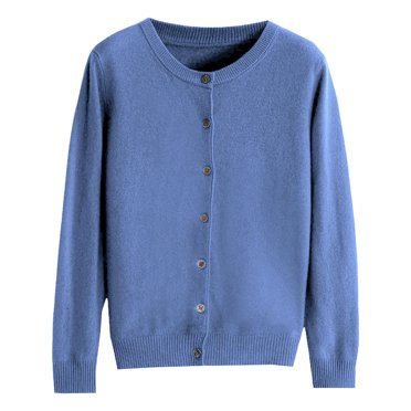 Hontri Cardigans pour Femmes Légers Offres à Moins de 15 $, Cardigan Basique pour Femmes à Col Rond, Manches Longues, Boutonné, Manteau Court en Molleton à Col Rond pour Femmes Bleu m