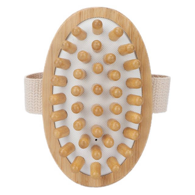 Body Massage Brush, Bamboo Body Scrub Brush for home and travel. The brush features a bamboo frame with a flexible rubber gasbag and rounded massage nodes for stimulating blood circulation and improving skin health. It includes a polyester strap for a comfortable grip, making it easy to massage the whole body, including the head and scalp. Suitable for dry brushing and promoting relaxation.