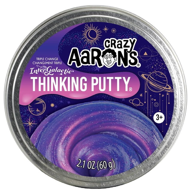 Crazy Aaron's 3.5" Putty-Intergalactic Thinking Putty in a round metal tin with heat-sensitive putty swirling in deep space blue, ultraviolet purple, and cosmic pink with shimmering flecks, suitable for sensory play and hand strength development.