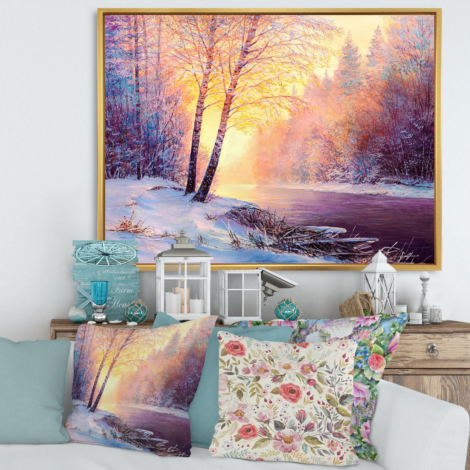 Designart Paysage d'hiver avec pont de la rivière sinueuse II ART MURAL À CADRE FLOTTÉ